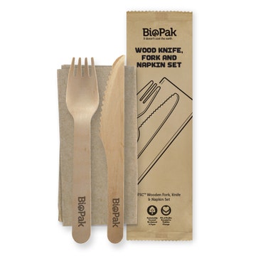 16cm Coated Wood Knife, Fork & Napkin Set