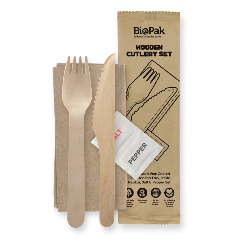 16cm Wood Knife, Fork, Napkin, Salt & Pepper Set