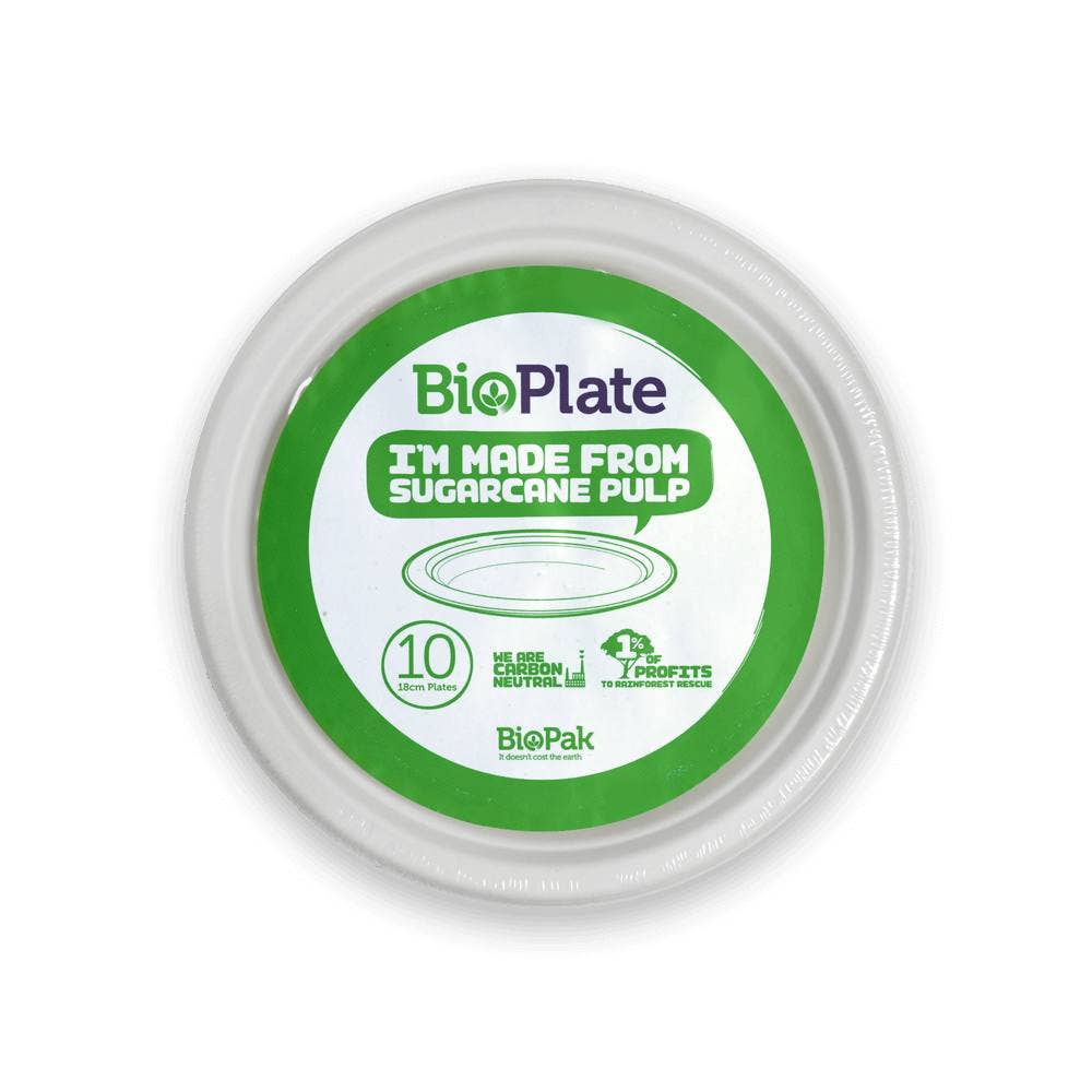 10 Pack - 18cm / 7" Round Plant Fibre Plates in Plastic Sleeves